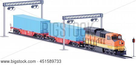 Vector Freight Train, Locomotive And Container Railcars
