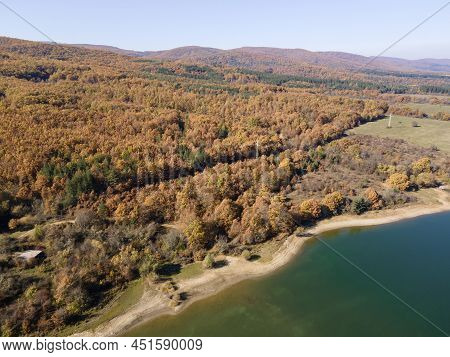 Aerial Autumn View Of Izvor Reservoir At Konyavska Mountain, Pernik Region, Bulgaria