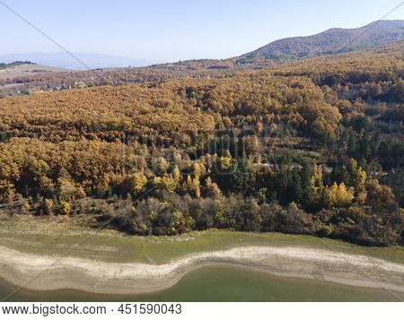 Aerial Autumn View Of Izvor Reservoir At Konyavska Mountain, Pernik Region, Bulgaria