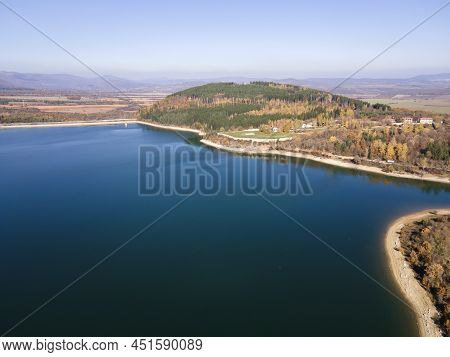 Aerial Autumn View Of Izvor Reservoir At Konyavska Mountain, Pernik Region, Bulgaria