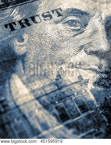 American Paper Money. 100 Dollar Bill With Portrait Of Benjamin Franklin In Focus. Us Banknote Close
