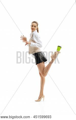 Dymanic Portrait Of Young Pretty Girl In Stylish Official Cloth, Office Worker Having Break For Coff