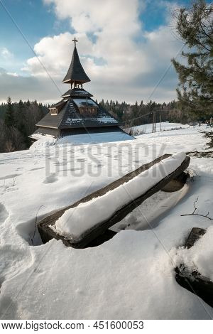 Golden Hour By Bell Tower In Traditional Carpathian Style In Solan, Beskid Mountains, Czech Republic