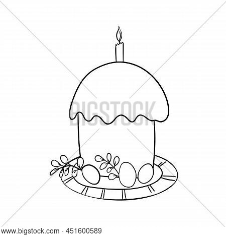 Easter Cake Isolated On White Background. Hand Drawn Happy Easter Symbol. Paschal Cake With Candle O
