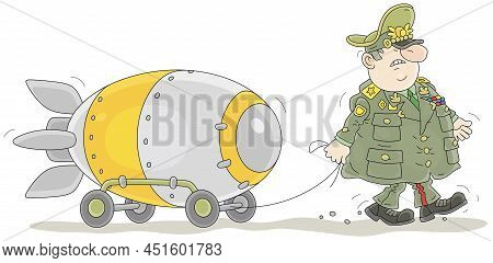Fat, Angry And Belligerent General In Army Uniform Marching With A Big Bomb In A Parade, Vector Cart