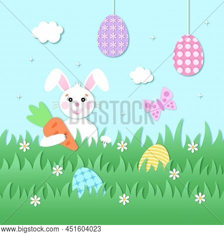 Easter Card Paper Cut Out Concept. Easter Egg Hunt. White Rabbit With A Carrot On A Green Lawn. Brig