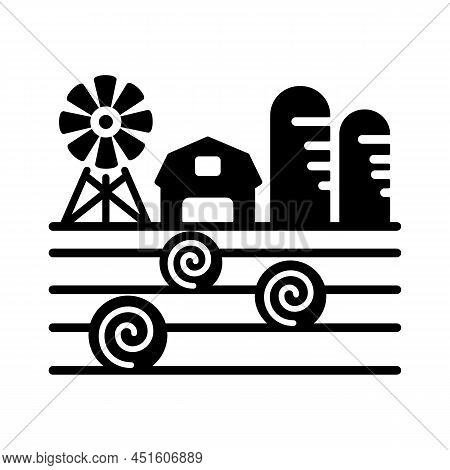 Farm Landscape With Barn, Windpump, Haystack And Granary Glyph Icon. Agriculture Sign. Graph Symbol 