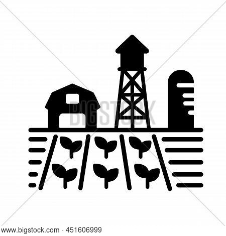 Farm Landscape With Barn, Windpump, Seedling And Water Tower Vector Glyph Icon. Agriculture Sign. Gr