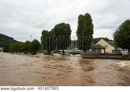 Summer Flood Of The Kyll In Muerlenbach In The Eifel In July 2021
