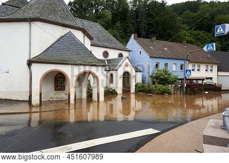 Summer Flood Of The Kyll In Muerlenbach In The Eifel In July 2021
