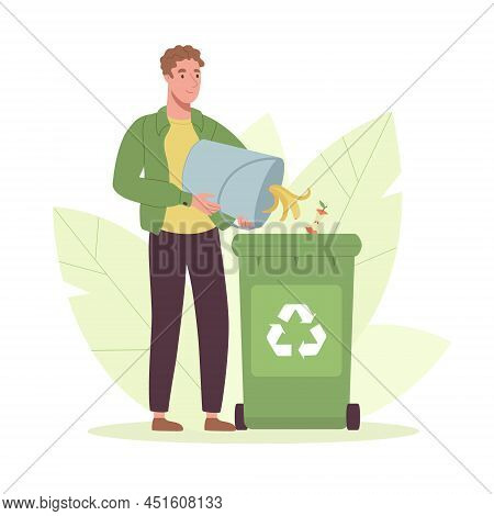 Waste Sorting. A Man Throws Garbage Out Of A Bucket Without Using Plastic Bags. Zero Waste Lifestyle