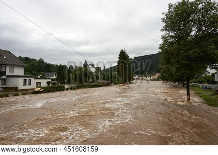 Summer Flood Of The Kyll In Muerlenbach In The Eifel In July 2021