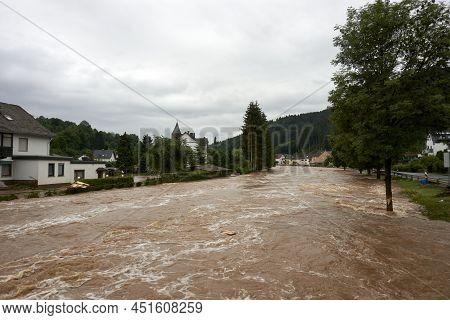Summer Flood Of The Kyll In Muerlenbach In The Eifel In July 2021