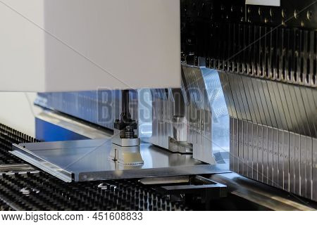 Automatic Cnc Hydraulic Press Bending Machine Working With Sheet Metal At Factory, Plant - Close Up.