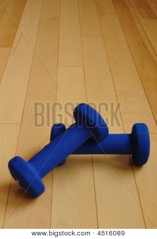Blue Weights On Hardwood Floor Of Fitness Center