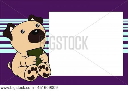 Baby Pug Dog Character Kawaii Cartoon Sitting Holding A Book Picture Frame Background In Vector Form