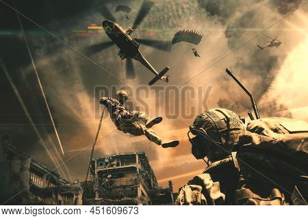 Soldiers Roping In Tro Destroyed And Bombarded City Between Smoke.