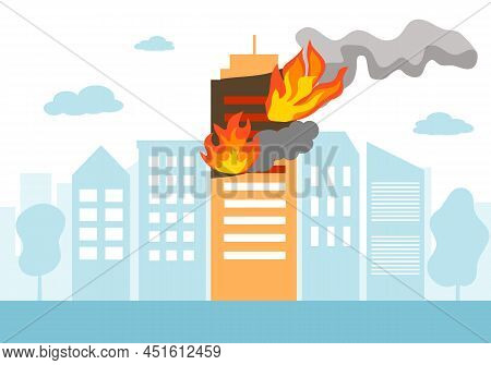 Fire Burning Tower Of Apartment Building. Orange Flames In The Windows And Smoke . Building Fire Fla