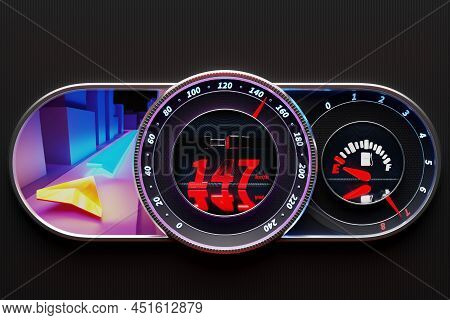 3d Illustration Of New Car Interior Details. The Speedometer Shows The Maximum Speed Of 147 Km H, Th