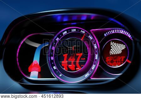 3d Illustration Of The New Car Interior Details. Speedometer Shows A Maximum Speed Of 147 Km  H, Tac