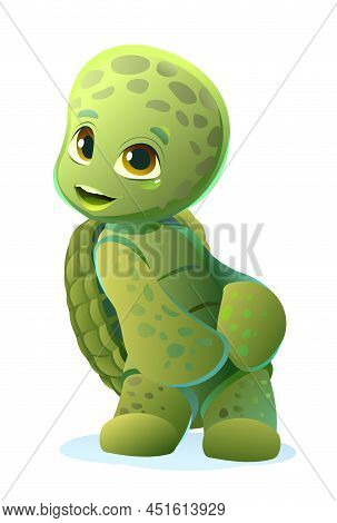 Little Turtle Shy. Cartoon Person Stands And Smiles. Fun Style. Child Animal. Pet Kid. Isolated On W