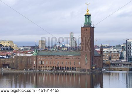 Stockholm, Sweden - March 09, 2019: City Hall Building On A Cloudy March Day