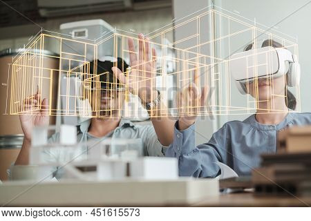 Technology Futuristic Virtual Reality Design. Team Architect Or Engineer Designer Wearing Vr Headset