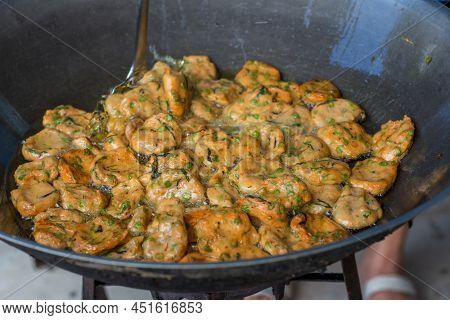 Fried Spicy Fish Pancake, Recommend Thai Local Food For Traveler And Tourist. Deep Fried Fish Paste 