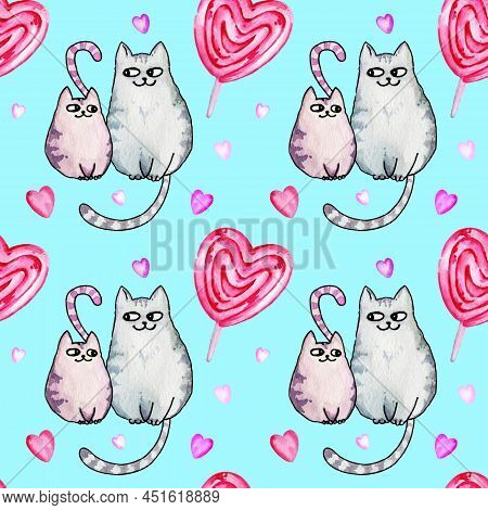 Seamless Watercolour Pattern Onvalentines Day Theme With Heart, Cute Cats, Sweets. Ideal For Wrappin