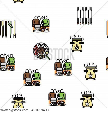 Fondue Cooking Delicious Meal Vector Seamless Pattern Thin Line Illustration