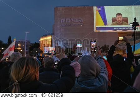 Tel Aviv. Israel - March 20, 2022: Rally In Support Of Ukraine In Tel Aviv On Habima Square. Broadca