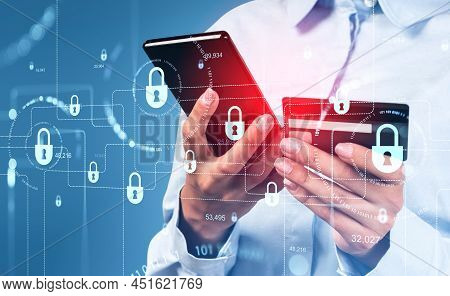 Businesswoman With Smartphone, Online Shopping And Credit Card. Digital Technology And Binary Coding