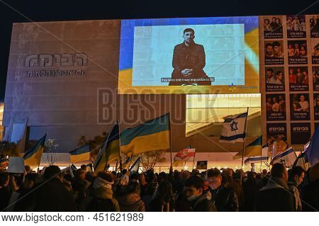 Tel Aviv. Israel - March 20, 2022: Rally In Support Of Ukraine In Tel Aviv On Habima Square. Broadca