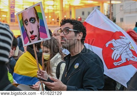 Tel Aviv. Israel - March 20, 2022: Rally In Support Of Ukraine In Tel Aviv On Habima Square. Broadca