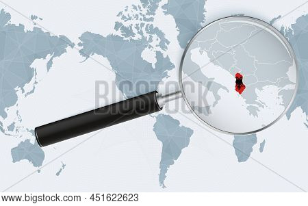 Enlarged Map Of Albania On America Centered World Map. Magnified Map And Flag Of Albania. Vector Tem