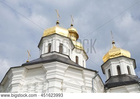 Gilded Domes Of An Ancient Orthodox Church Against The Sky. Catherine's Church Is A Functioning Chur