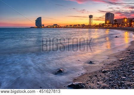 Barceloneta Beach In Barcelona, Spain, After A Beautiful Sunset