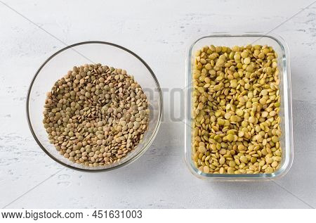 Dry And Soaked Green Lentils On A Light Gray Background, Top View. Healthy Food Concept