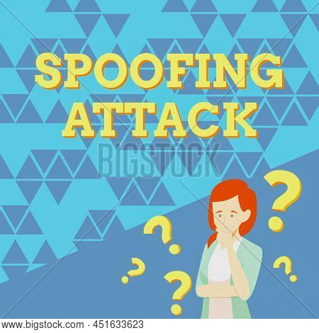 Sign Displaying Spoofing Attack. Business Idea Impersonation Of A User, Device Or Client On The Inte