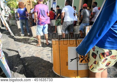 Salvador, Bahia, Brazil - March 25, 2022: Young Members Of Projeto Axe Make A Percussion Presentatio