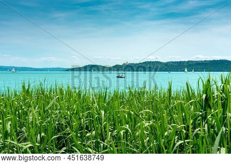 Sailing On The Lake Balaton With Tihany Pier View From Above