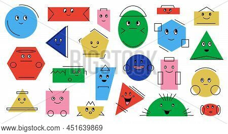Geometric Shapes With Faces. Cartoon Abstract Minimal Figures With Mascot Smiles. Various Emotion Ex