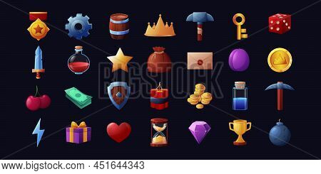 Game Icon. Cartoon Mobile Casino Game Golden Crown Coin And Cup, Trophy And Inventory Vector Set