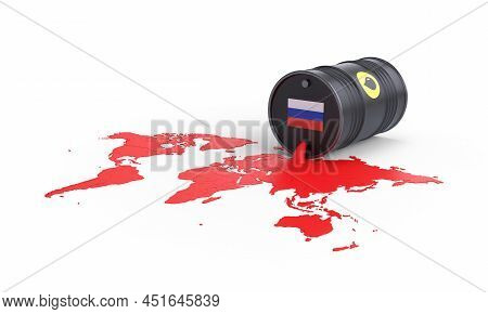 World Map From The Blood That Flows From A Metal Barrel For Oil With The Flag Of Russia. Russia Is A