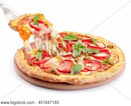 Hot Cheese Stringy Slice Lifted Of Full Baked Pizza Isolated On A White Background