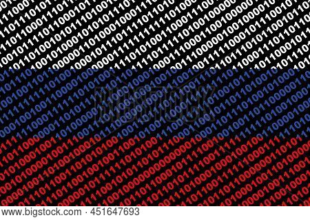 Hacker Russia. Digital Russian Flag And A Binary Background Cybersecurity Concept With 0 And 1. Comp