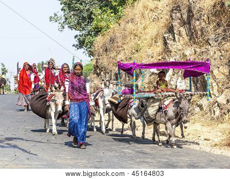 Una famiglia di Rajasthani tribale si muove al prossimo suolo vivente