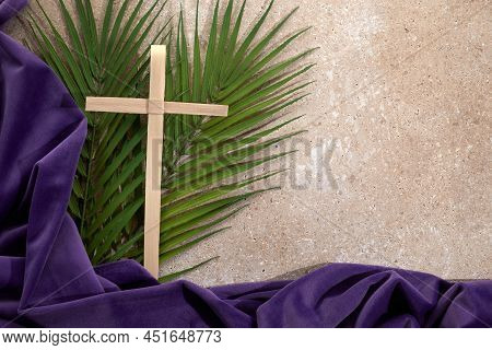 Palm Cross And Palm Leaves. Palm Sunday And Easter Day Concept.