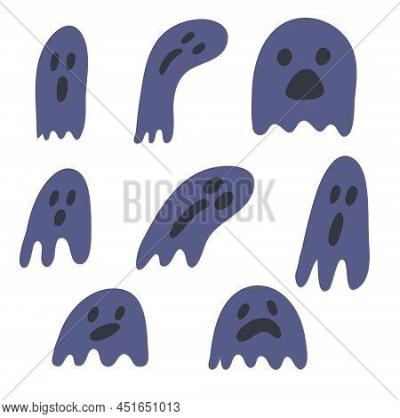 Set Of Cute Purple Cartoon Ghost Poltergeist Hand Drawn, Ghosts For Halloween Design