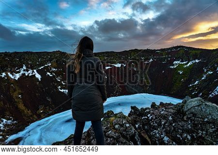 Woman Standing On The Cliff Of Kerith Crater In Iceland Natural Wonders Adventures On Iceland